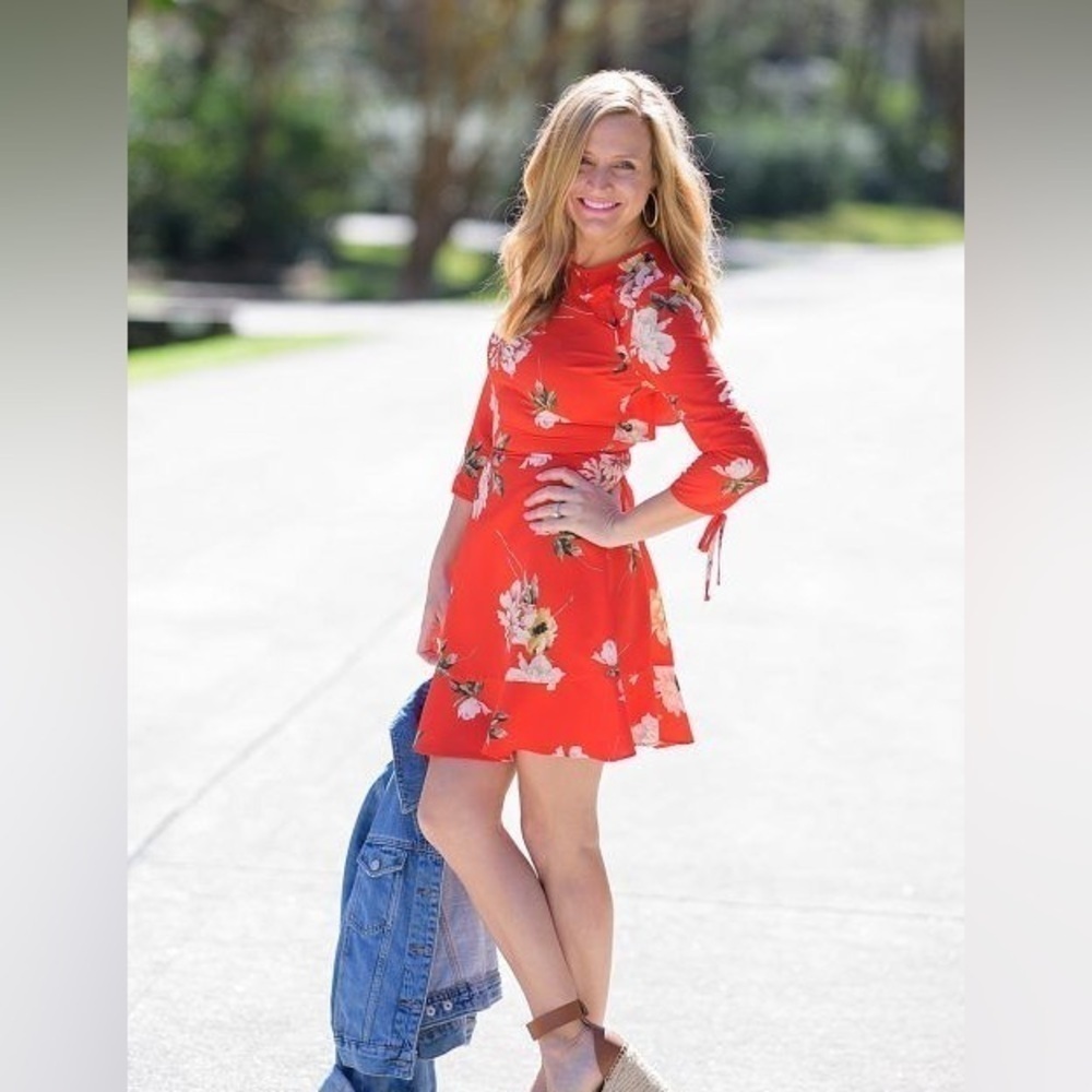 Topshop Red Floral 3/4 Sleeve Mini Dress size 8 - Picture 3 of 6